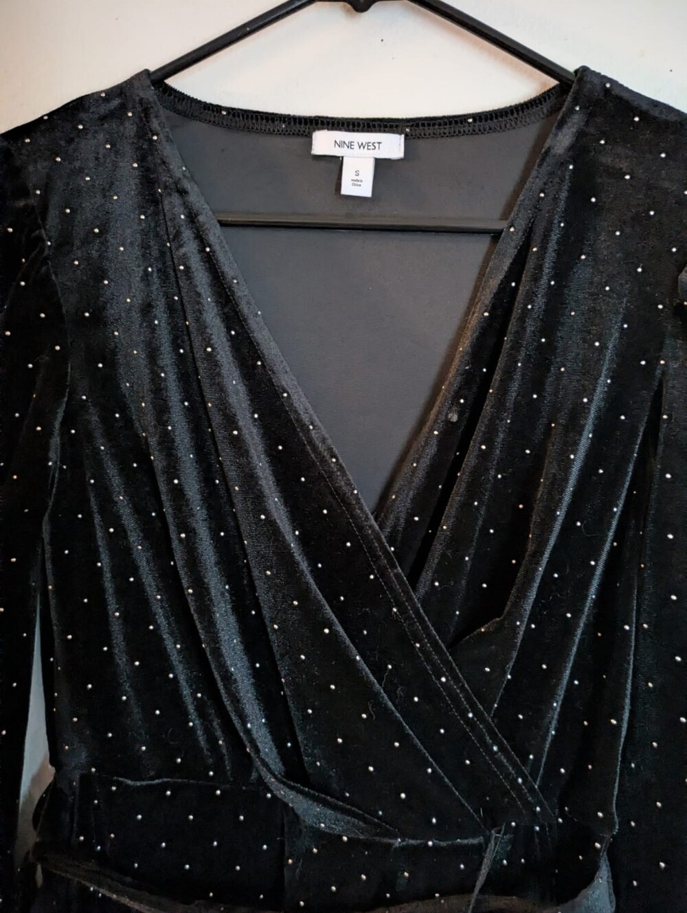 Nine West Black Velvet Polka Dot Faux Wrap Mini Dress - Size S - Picture 2 of 6